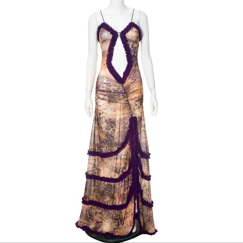 NEW to CASA B💫Seraphina Sheer Cut-Out Frill Leopard Script Print Maxi dress - Picture 3 of 16